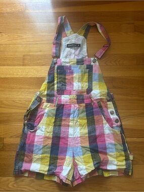 Dangerfield Pink Yellow Blue Plaid Short Overalls